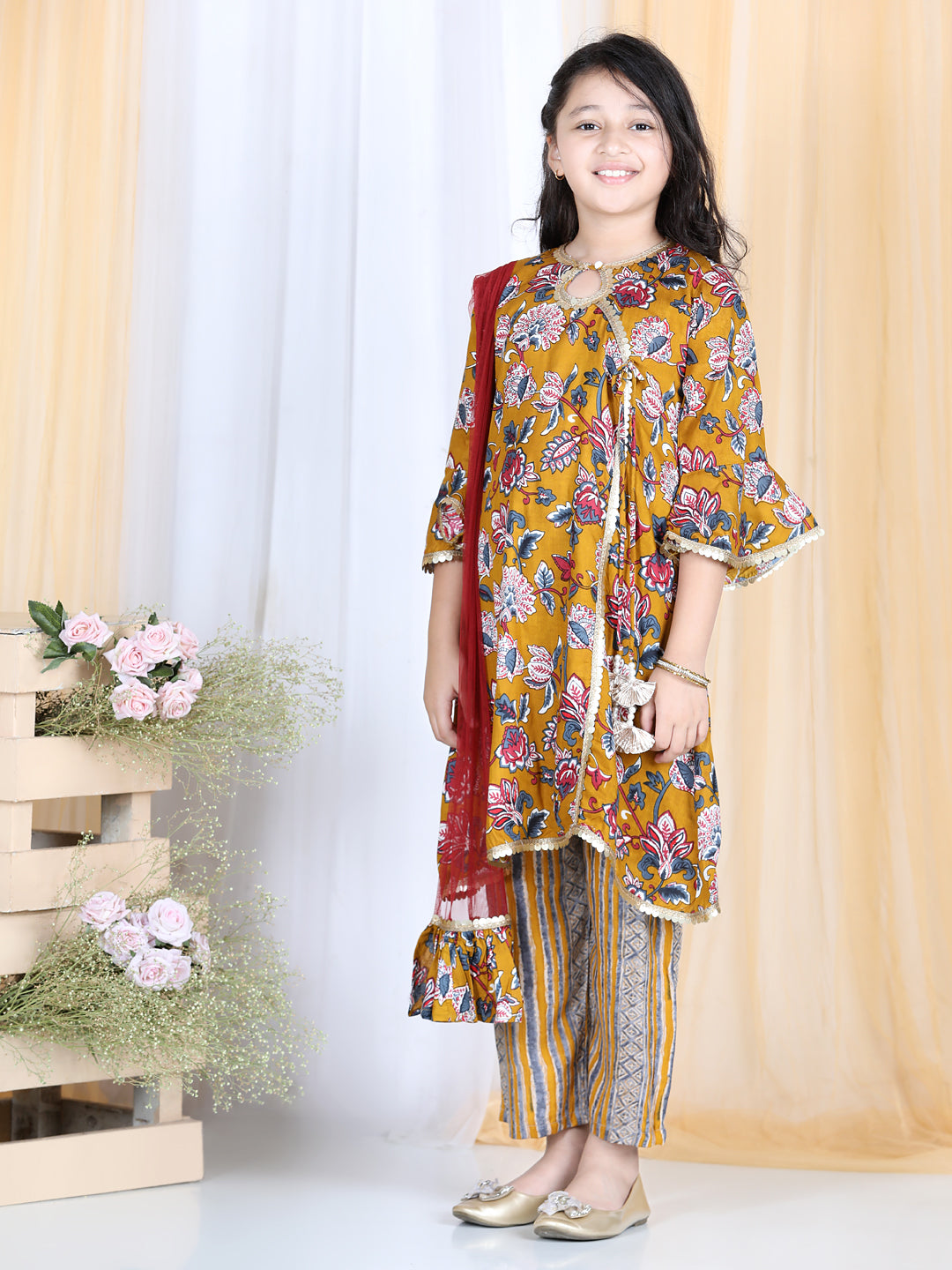 Cutiekins Floral & Striped Printed Angrakha Style Kurta & Palazzo Set -Mustard & Brown