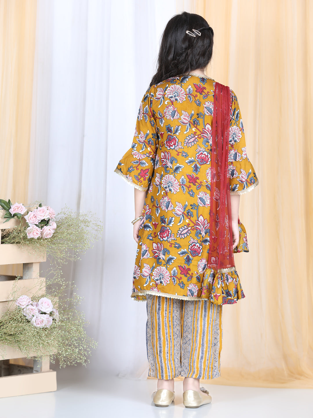 Cutiekins Floral & Striped Printed Angrakha Style Kurta & Palazzo Set -Mustard & Brown