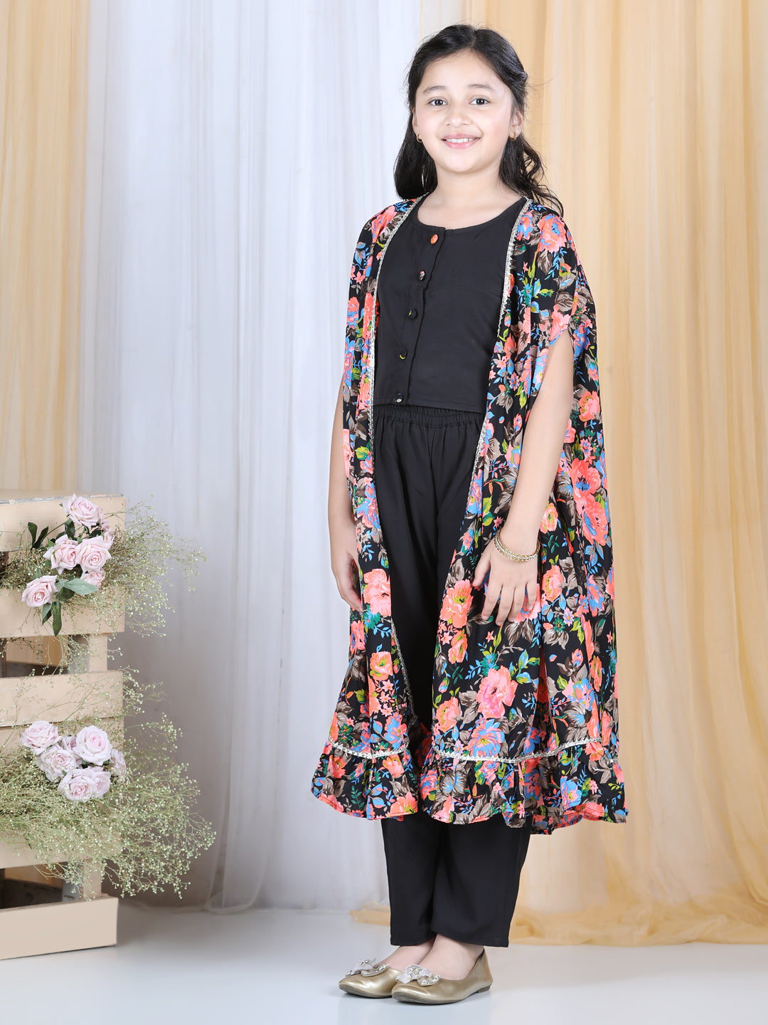 Cutiekins Floral Printed Crop Top ,Palazzo & Cape Set -Black