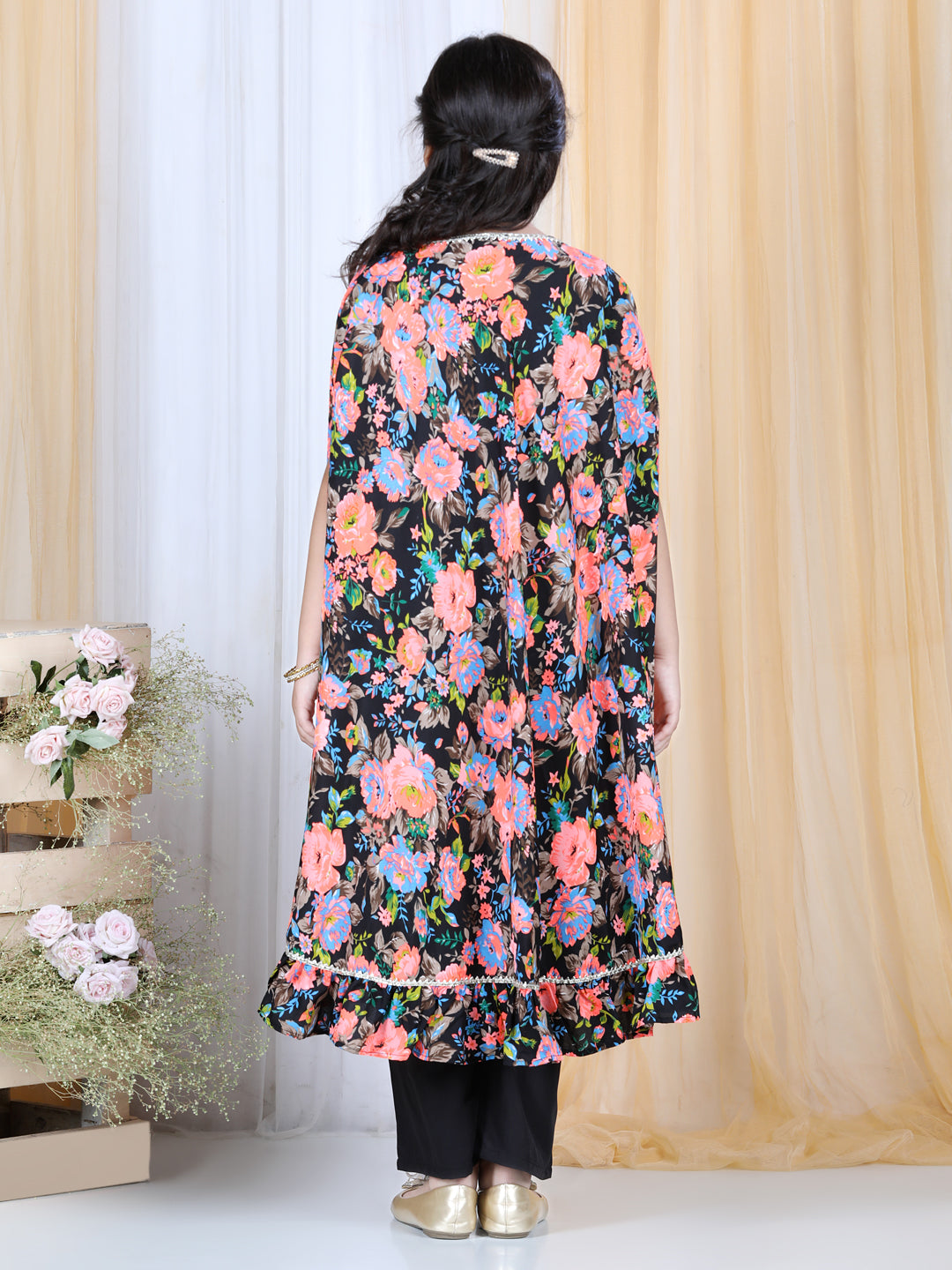 Cutiekins Floral Printed Crop Top ,Palazzo & Cape Set -Black