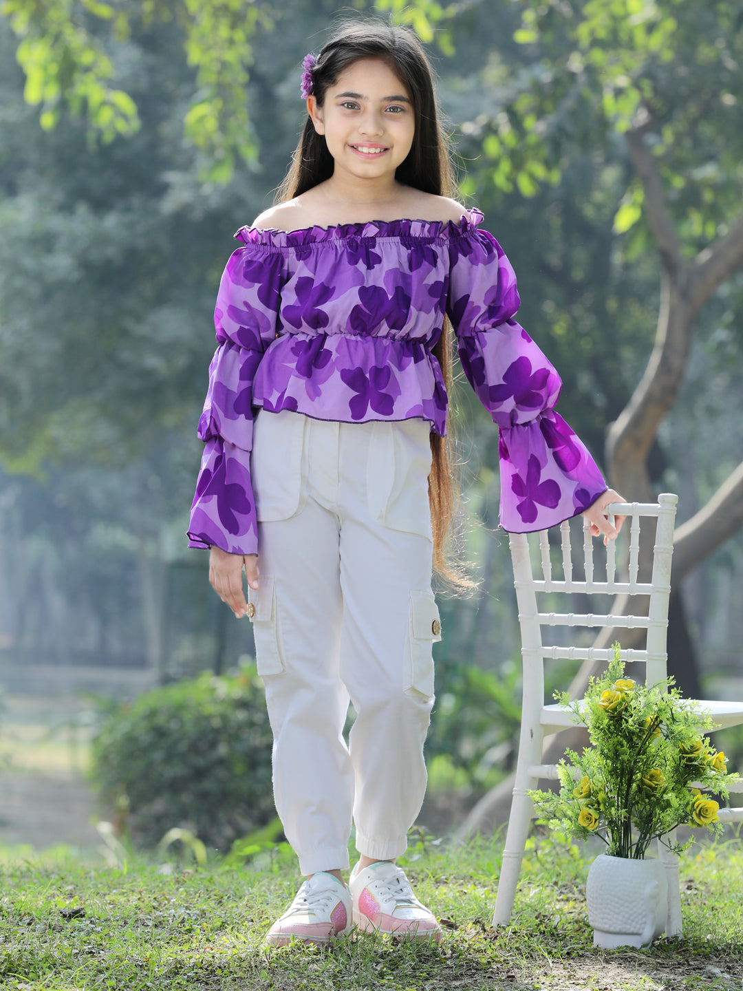 Cutiekins Printed Polyester Top & Cargo Set -Purple & Off White