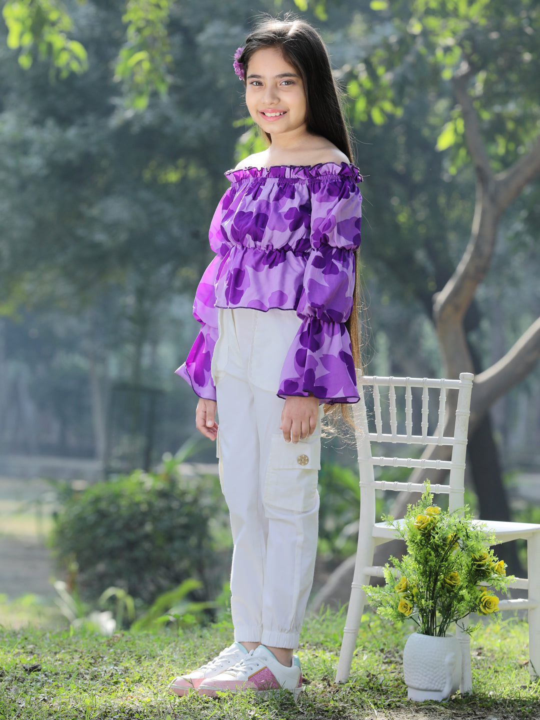 Cutiekins Printed Polyester Top & Cargo Set -Purple & Off White