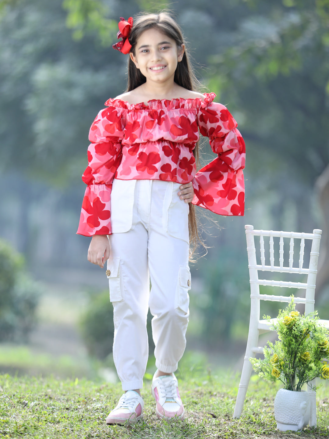 Cutiekins Printed Polyester Top & Cargo Set -Red & Off White