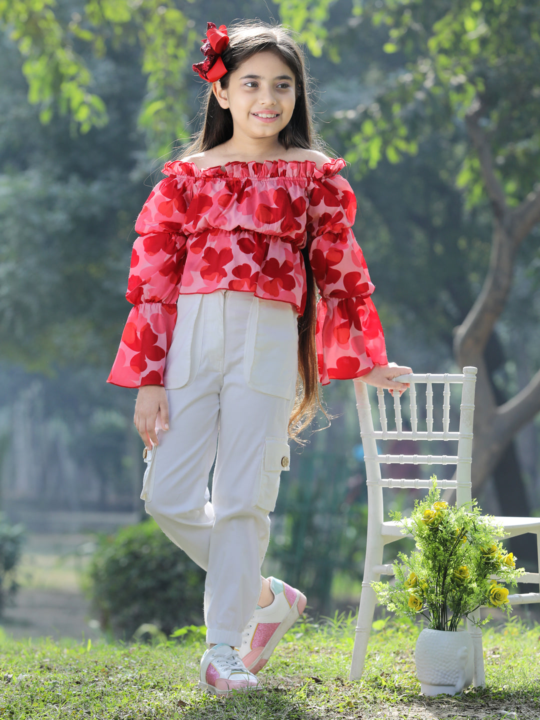 Cutiekins Printed Polyester Top & Cargo Set -Red & Off White