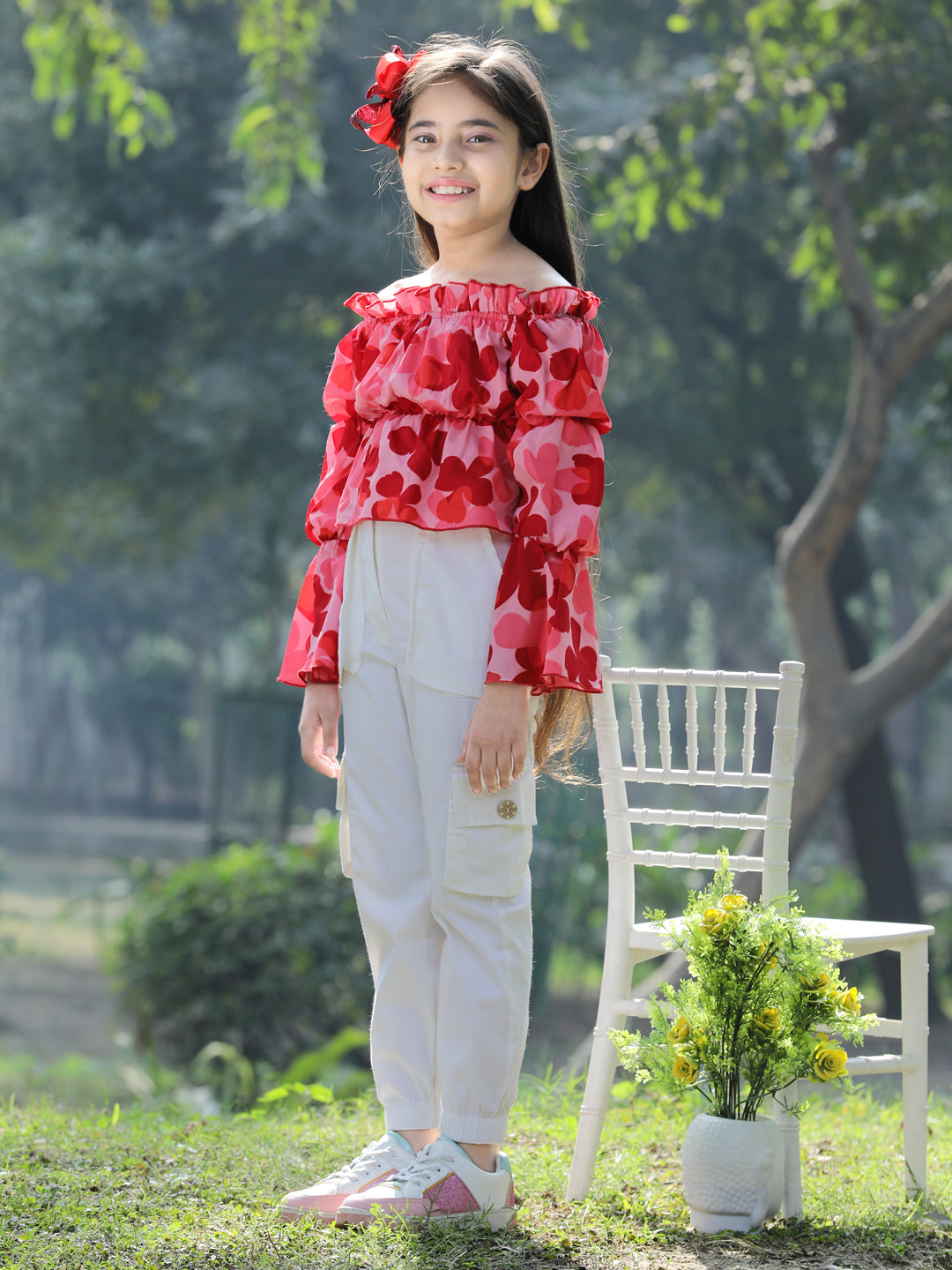 Cutiekins Printed Polyester Top & Cargo Set -Red & Off White
