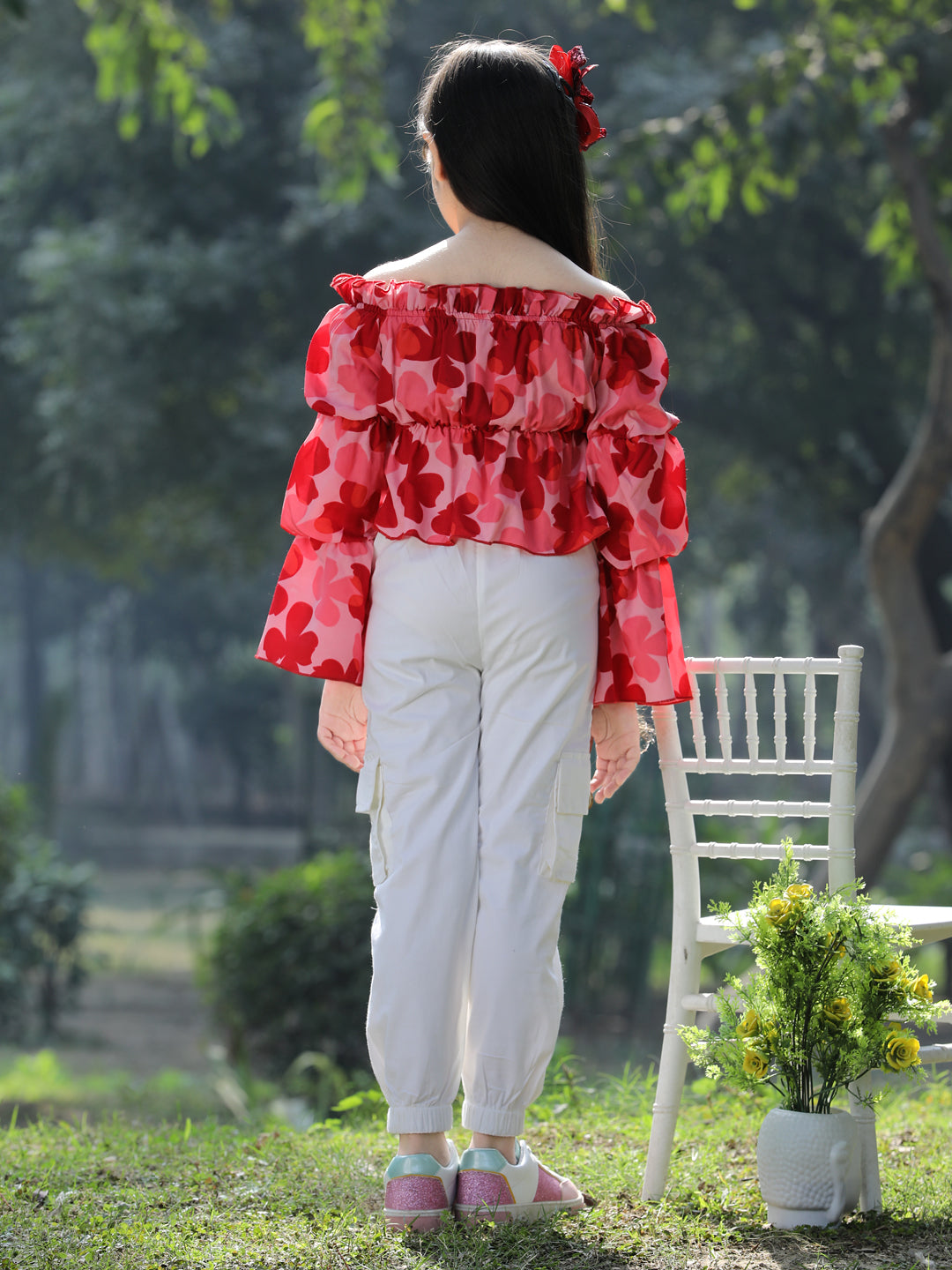 Cutiekins Printed Polyester Top & Cargo Set -Red & Off White