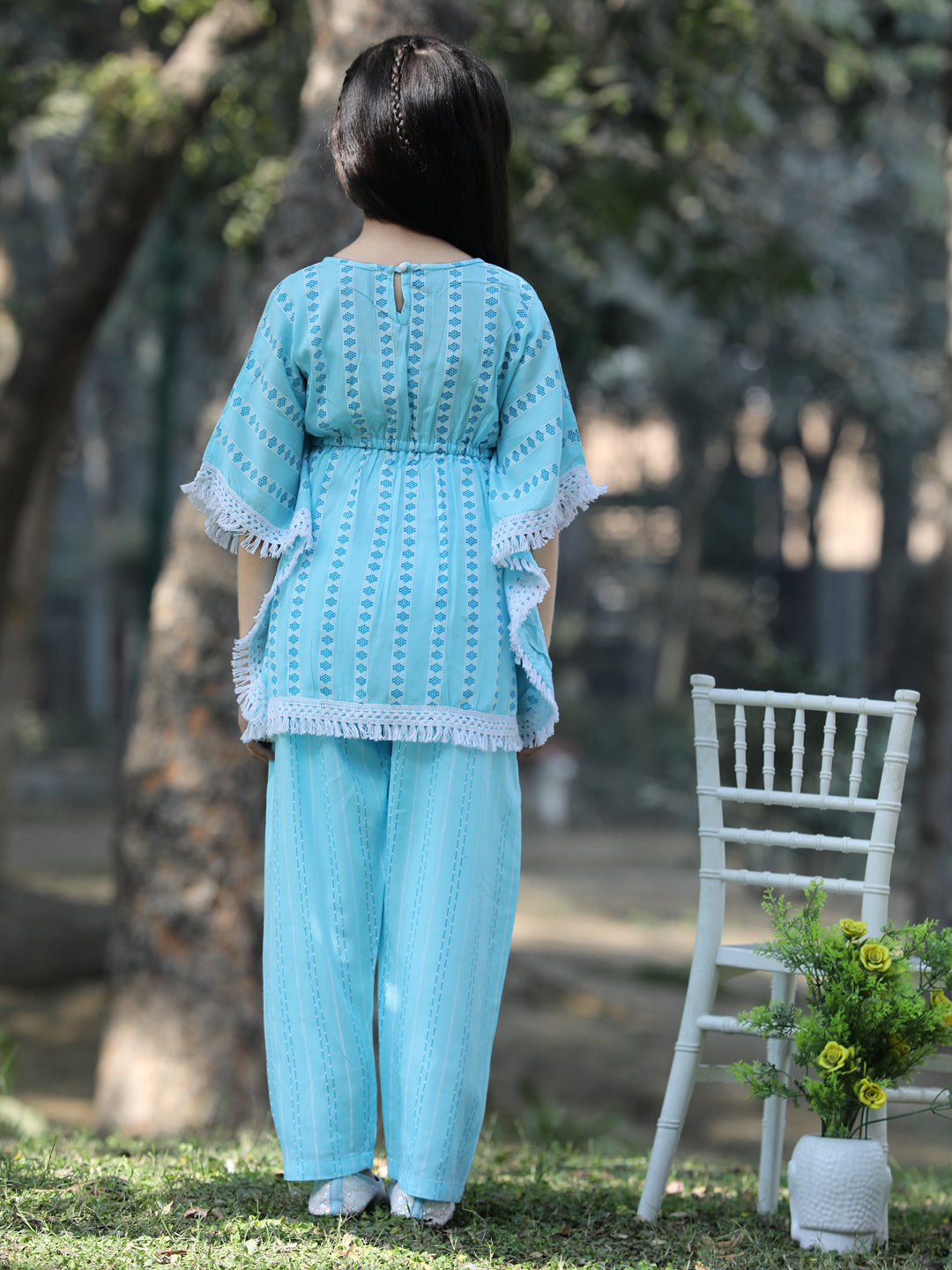 Cutiekins Stripe & Geometric Printed Kaftaan & Palazzo Set -Sky Blue & White