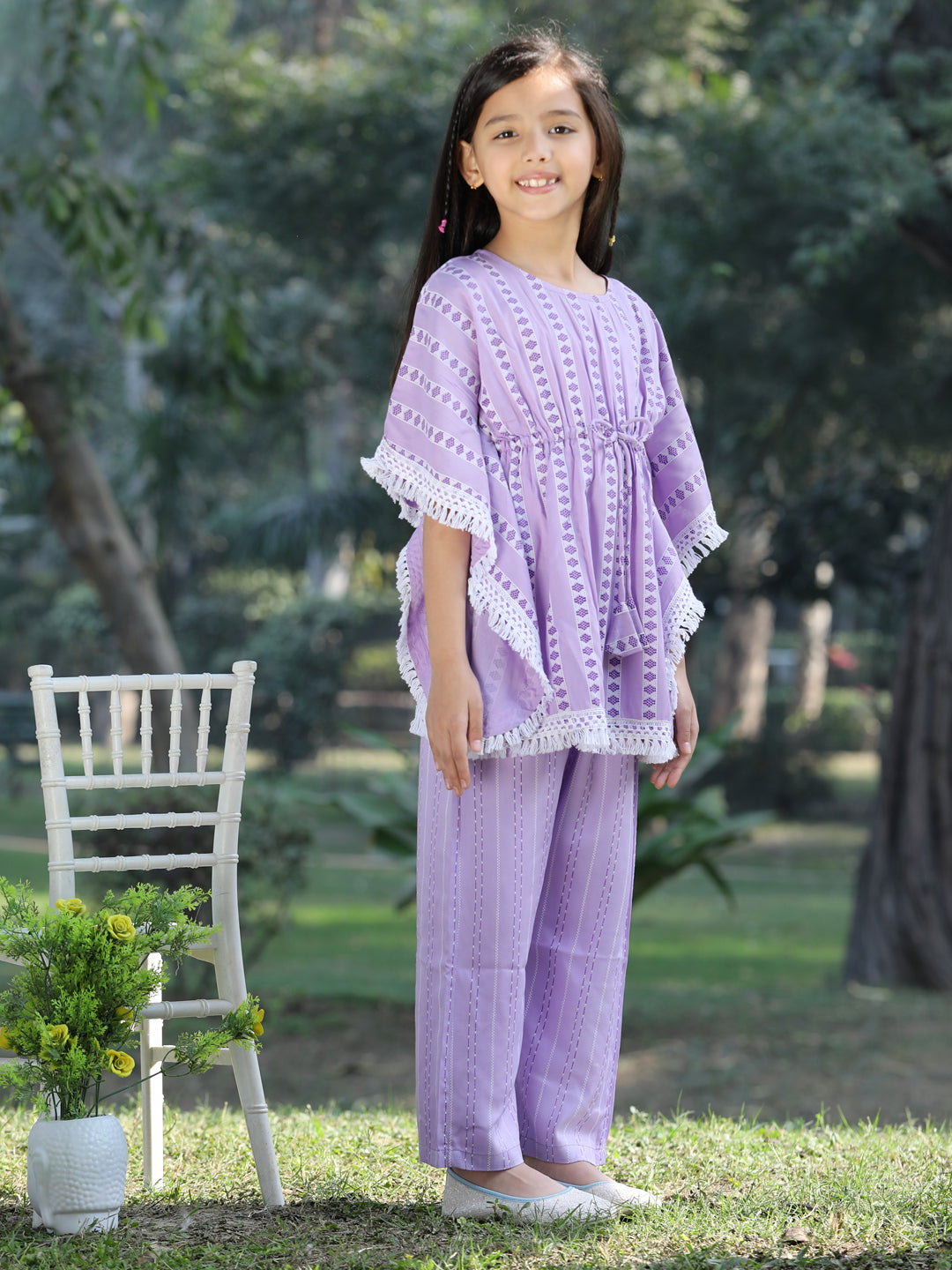 Cutiekins Stripe & Geometric Printed Kaftaan & Palazzo Set -Purple & White