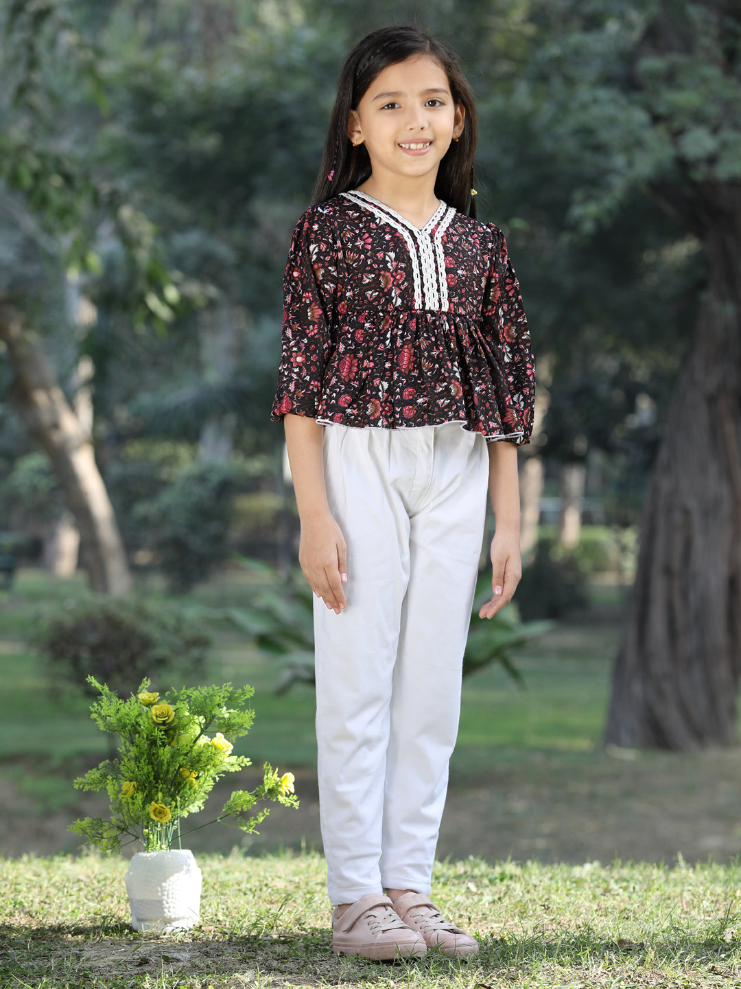 Cutiekins Printed Polyester Top & Trouser Set -Brown & White