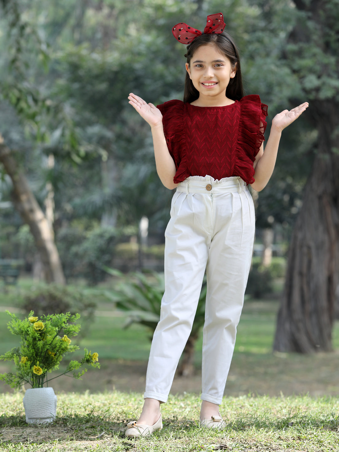 Cutiekins Solid Frilled Georgette Top & Trouser Set -Maroon & Off White