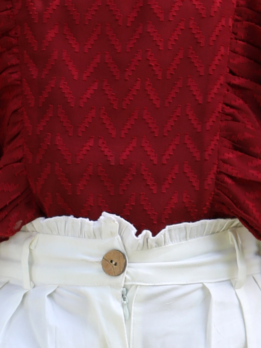 Cutiekins Solid Frilled Georgette Top & Trouser Set -Maroon & Off White