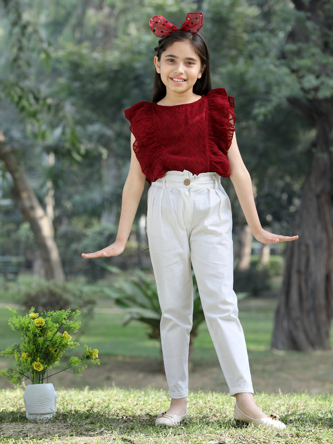 Cutiekins Solid Frilled Georgette Top & Trouser Set -Maroon & Off White