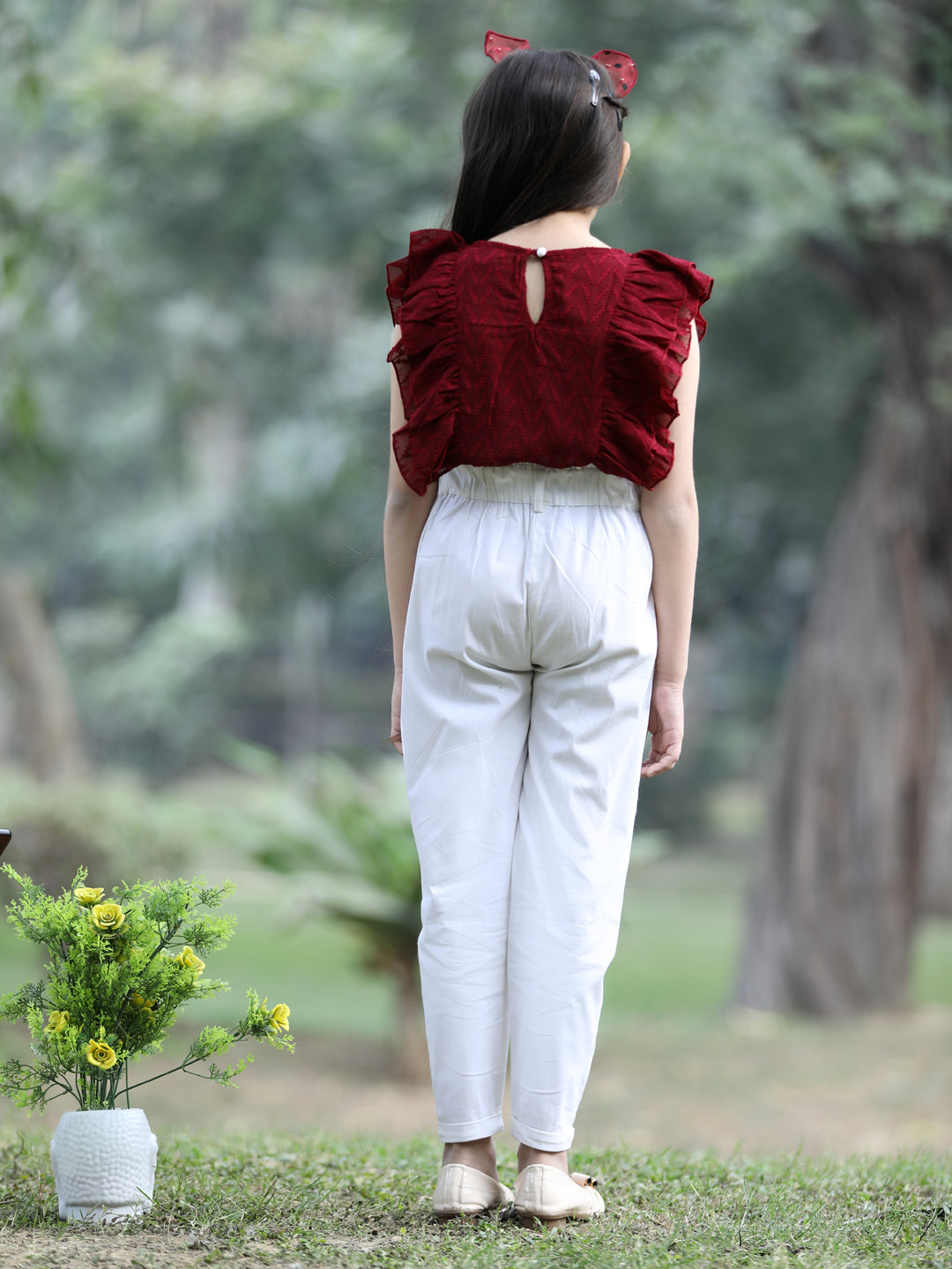 Cutiekins Solid Frilled Georgette Top & Trouser Set -Maroon & Off White