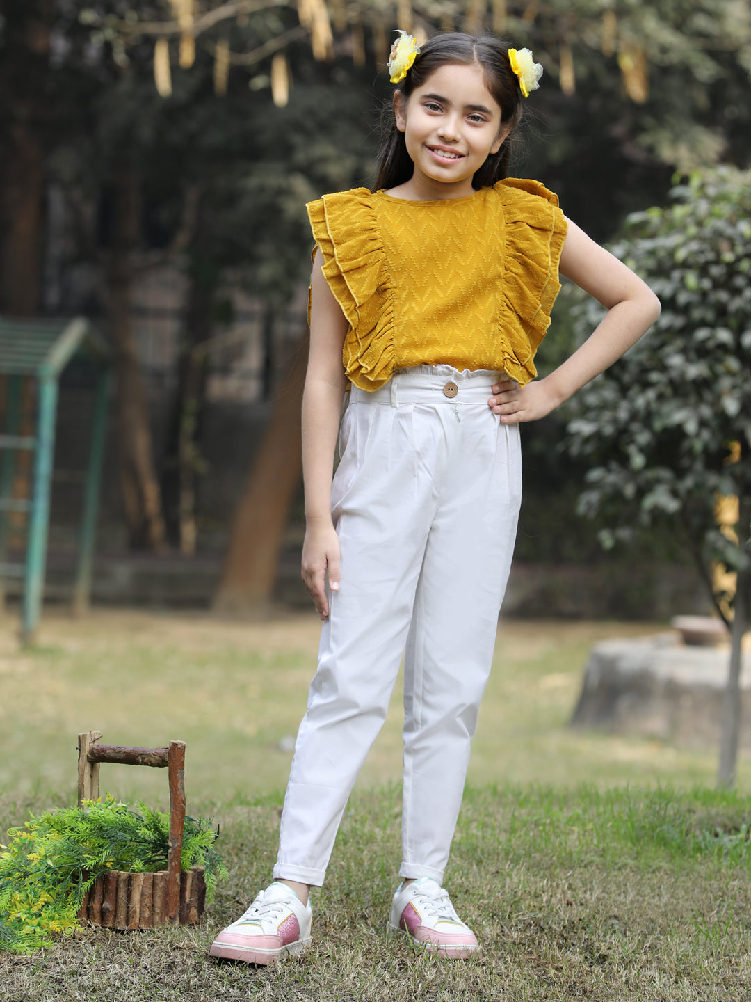 Cutiekins Solid Frilled Georgette Top & Trouser Set -Mustard & Off White
