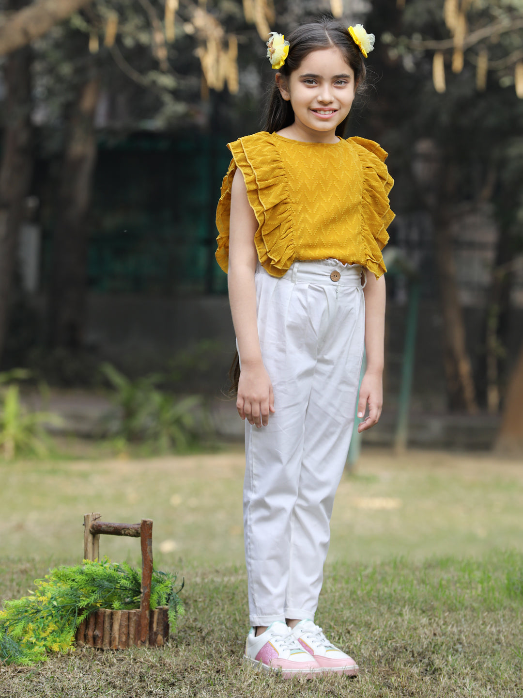 Cutiekins Solid Frilled Georgette Top & Trouser Set -Mustard & Off White