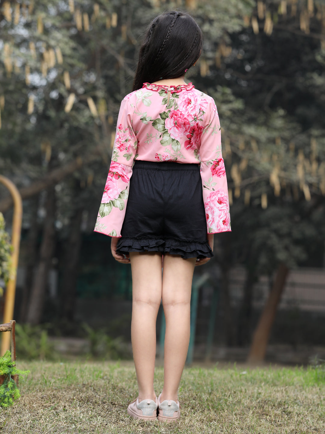 Cutiekins Printed Front Knot Top & Shorts Set -Pink & Black