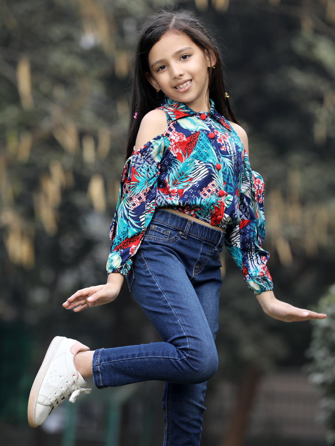 Cutiekins Floral Printed Collar Neck Long Sleeves Top- Multicolour