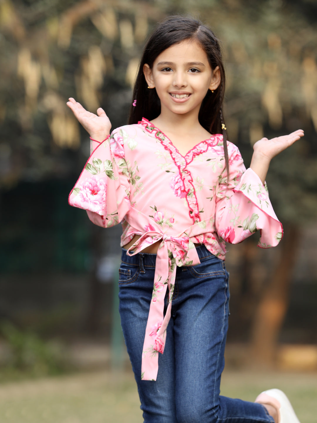 Cutiekins Floral Printed V-Neck Long Sleeves Top- Pink & Red