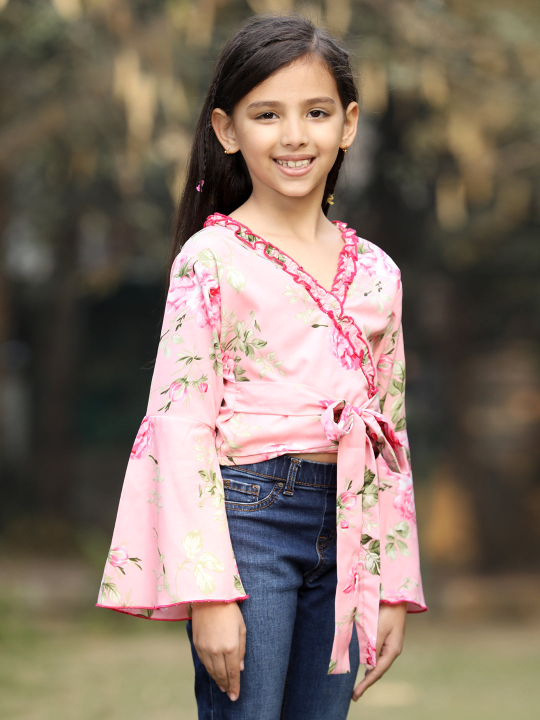 Cutiekins Floral Printed V-Neck Long Sleeves Top- Pink & Red