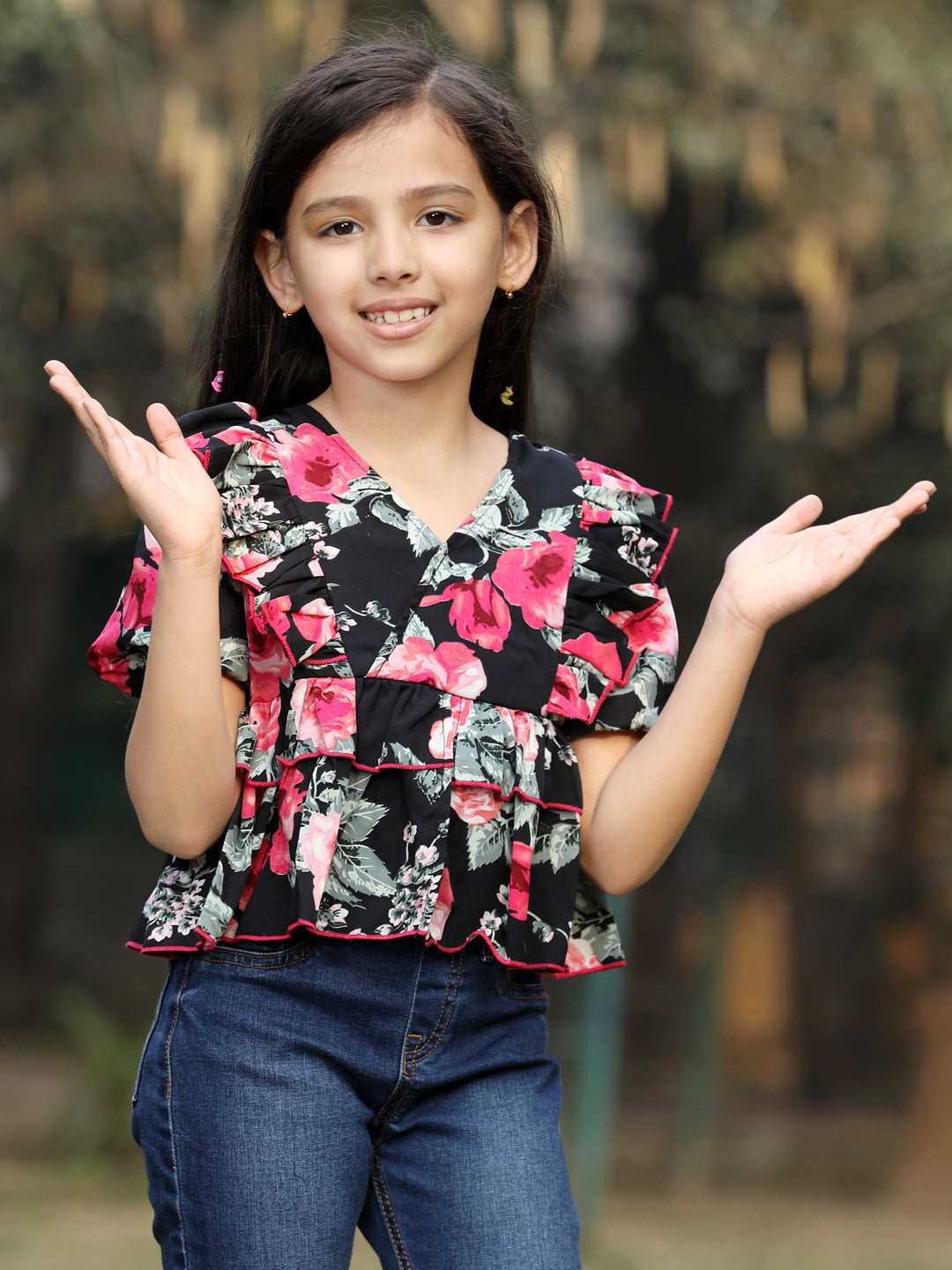 Cutiekins Floral Printed V-Neck Front Cut Top -Black & Pink