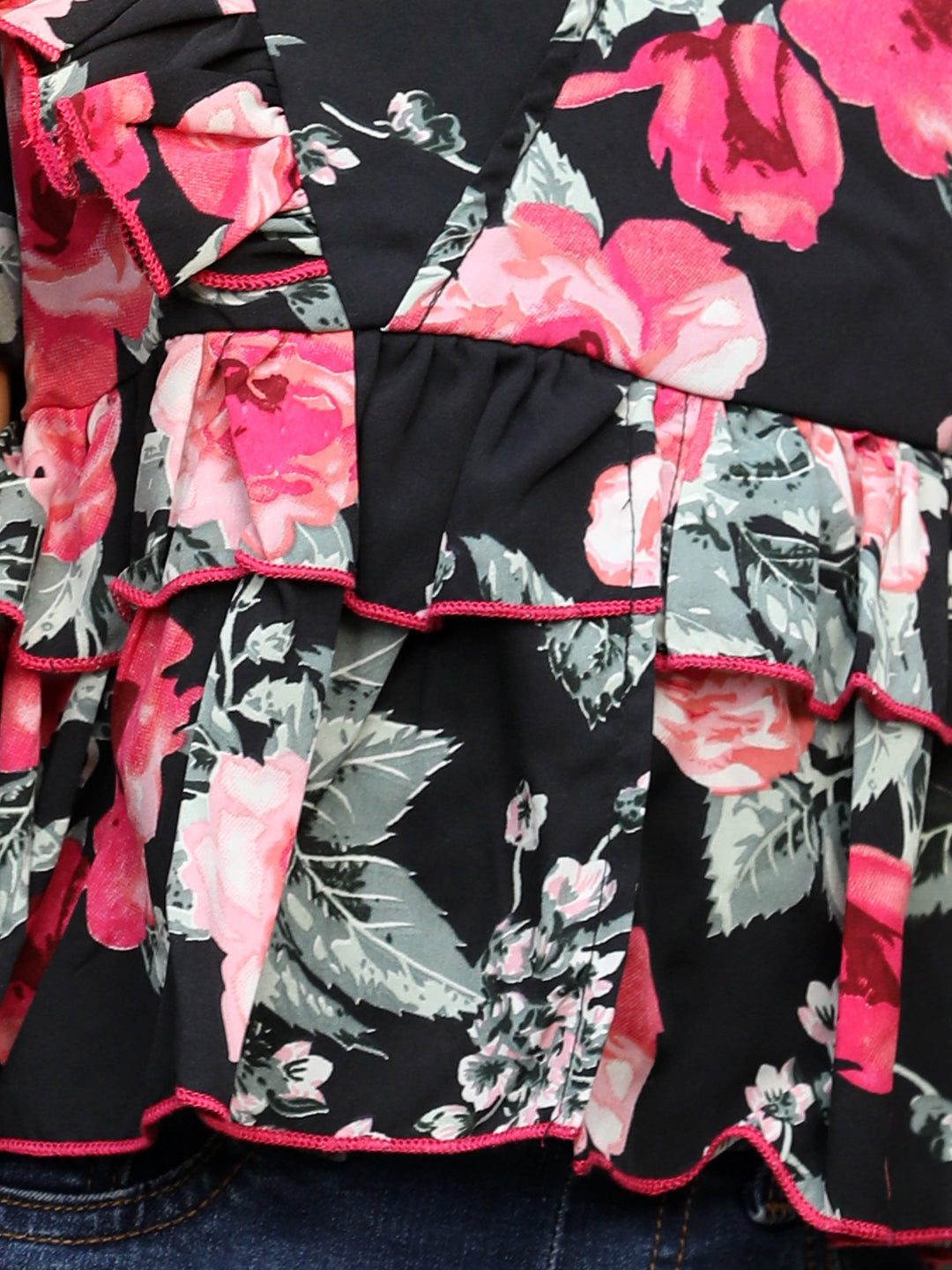 Cutiekins Floral Printed V-Neck Front Cut Top -Black & Pink