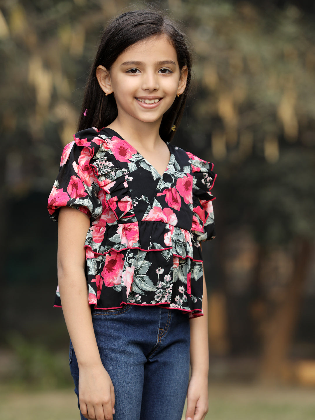 Cutiekins Floral Printed V-Neck Front Cut Top -Black & Pink