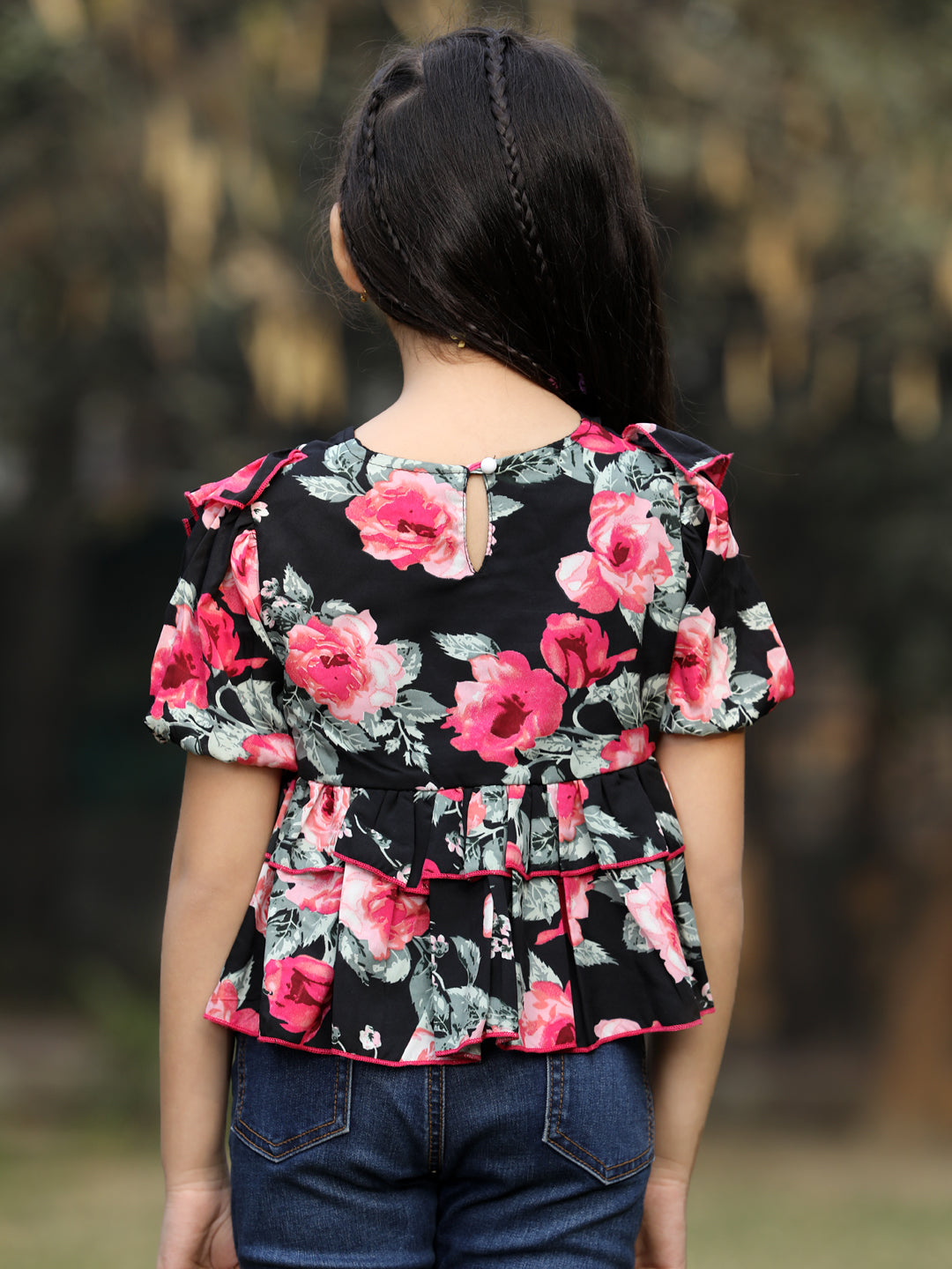 Cutiekins Floral Printed V-Neck Front Cut Top -Black & Pink