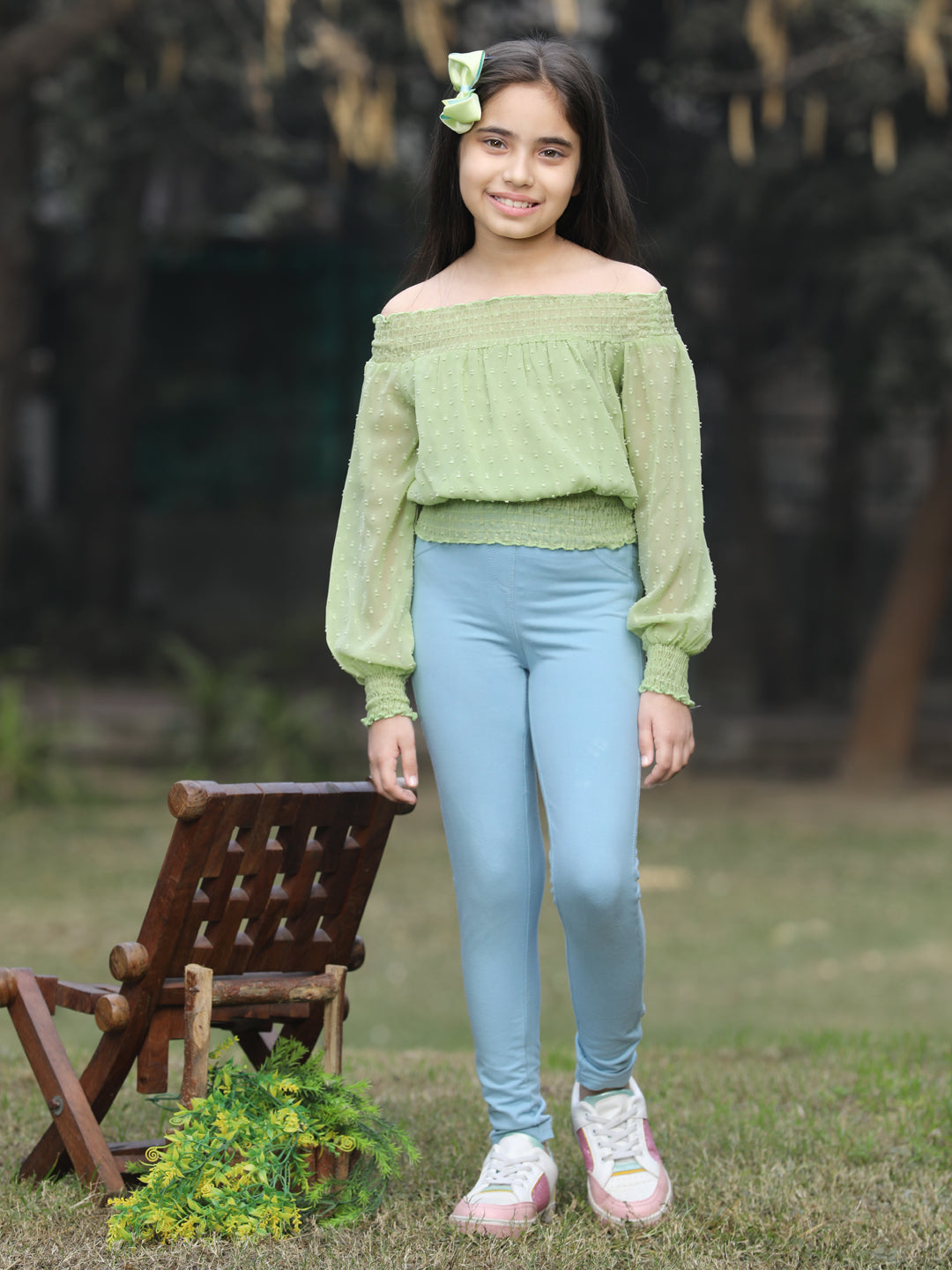 Cutiekins Off Shoulder Georgette Long Sleeves Top-Light Green
