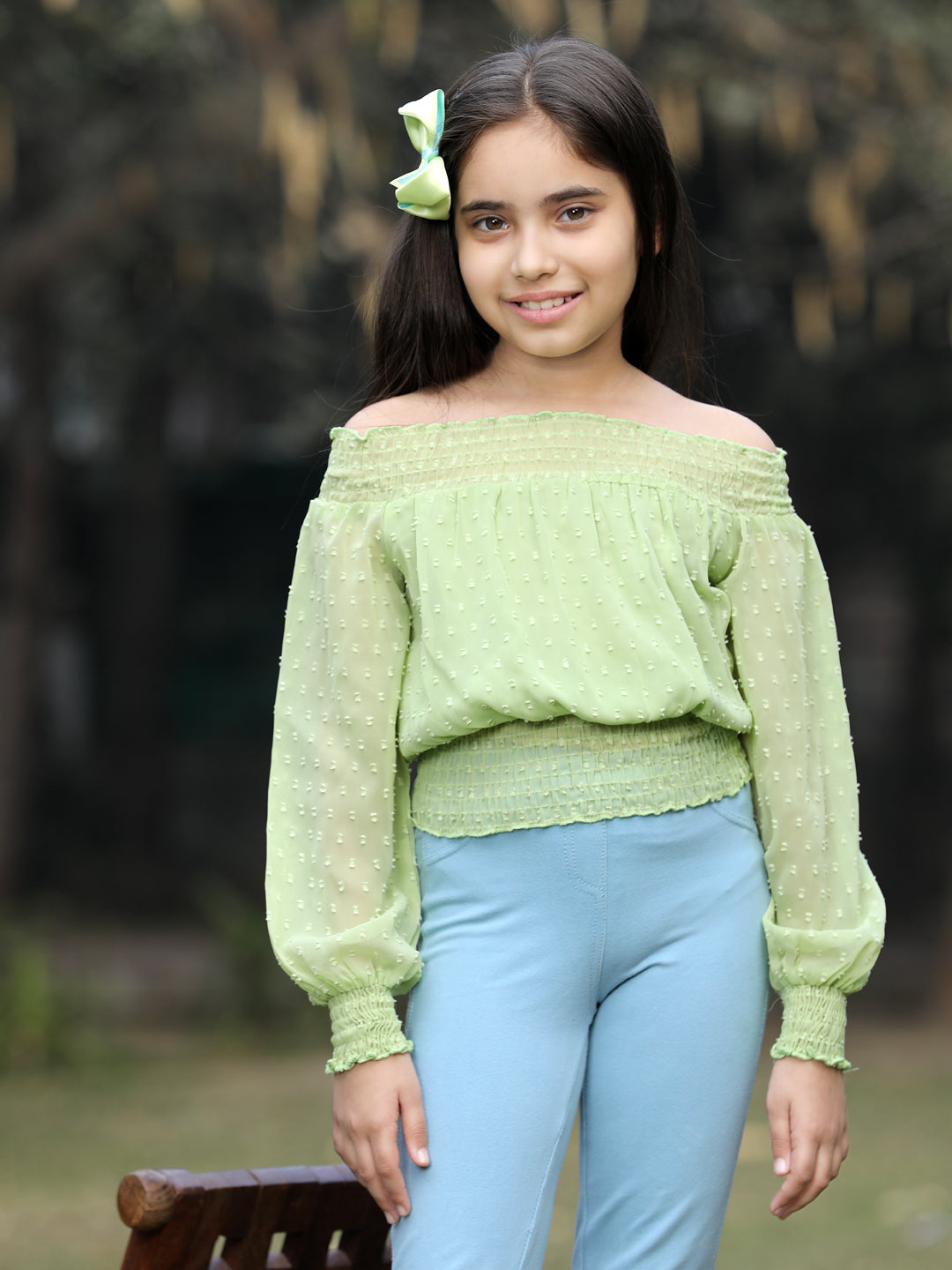 Cutiekins Off Shoulder Georgette Long Sleeves Top-Light Green