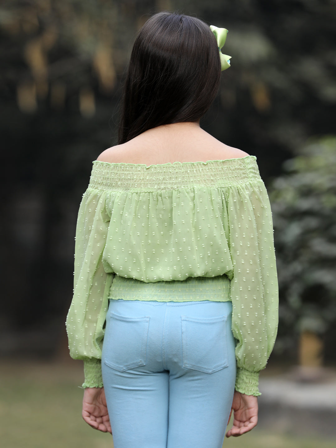 Cutiekins Off Shoulder Georgette Long Sleeves Top-Light Green