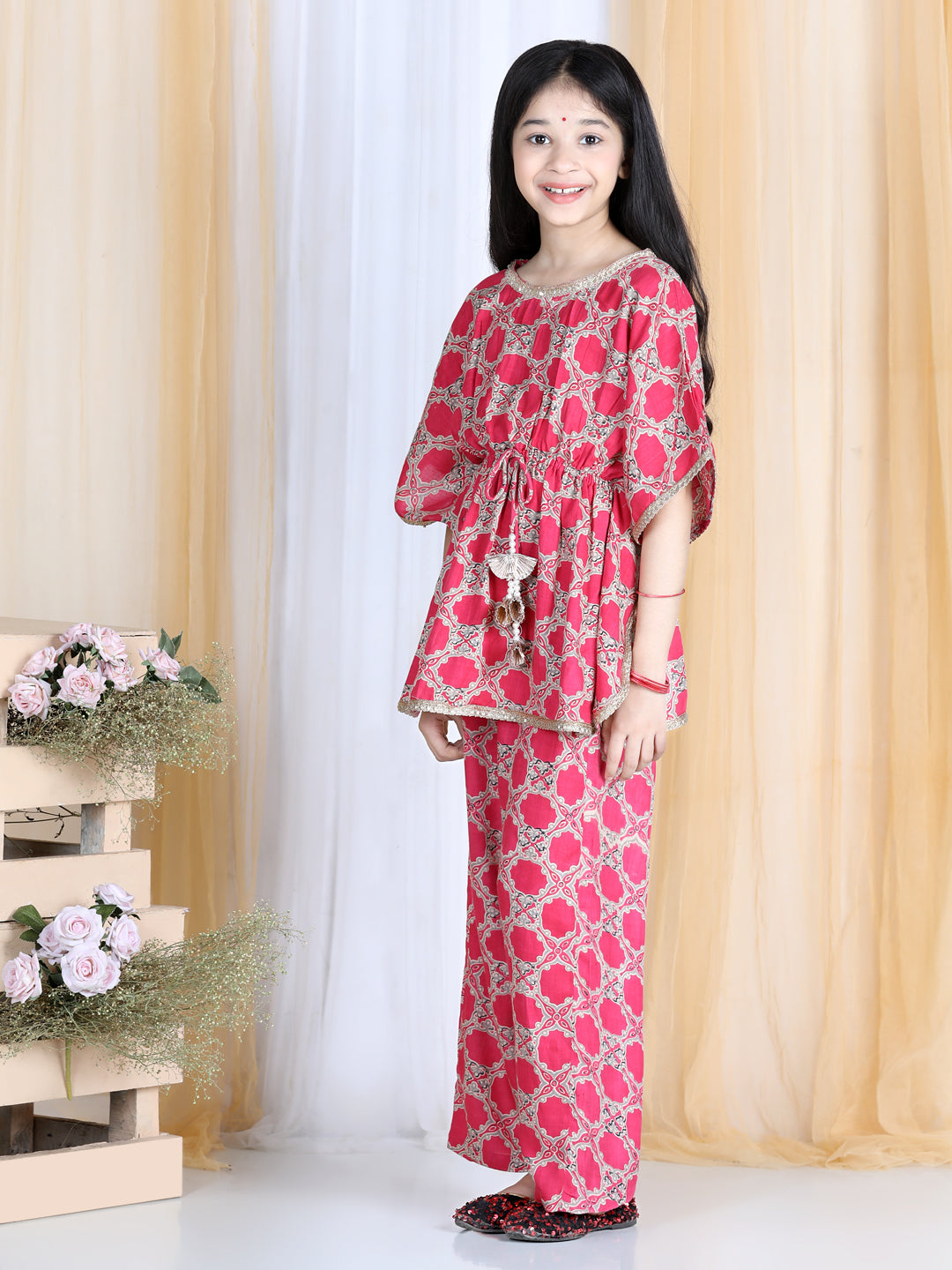 Cutiekins Tribal Printed Kaaftaan Kurta & Palazzo Set- Pink & Golden