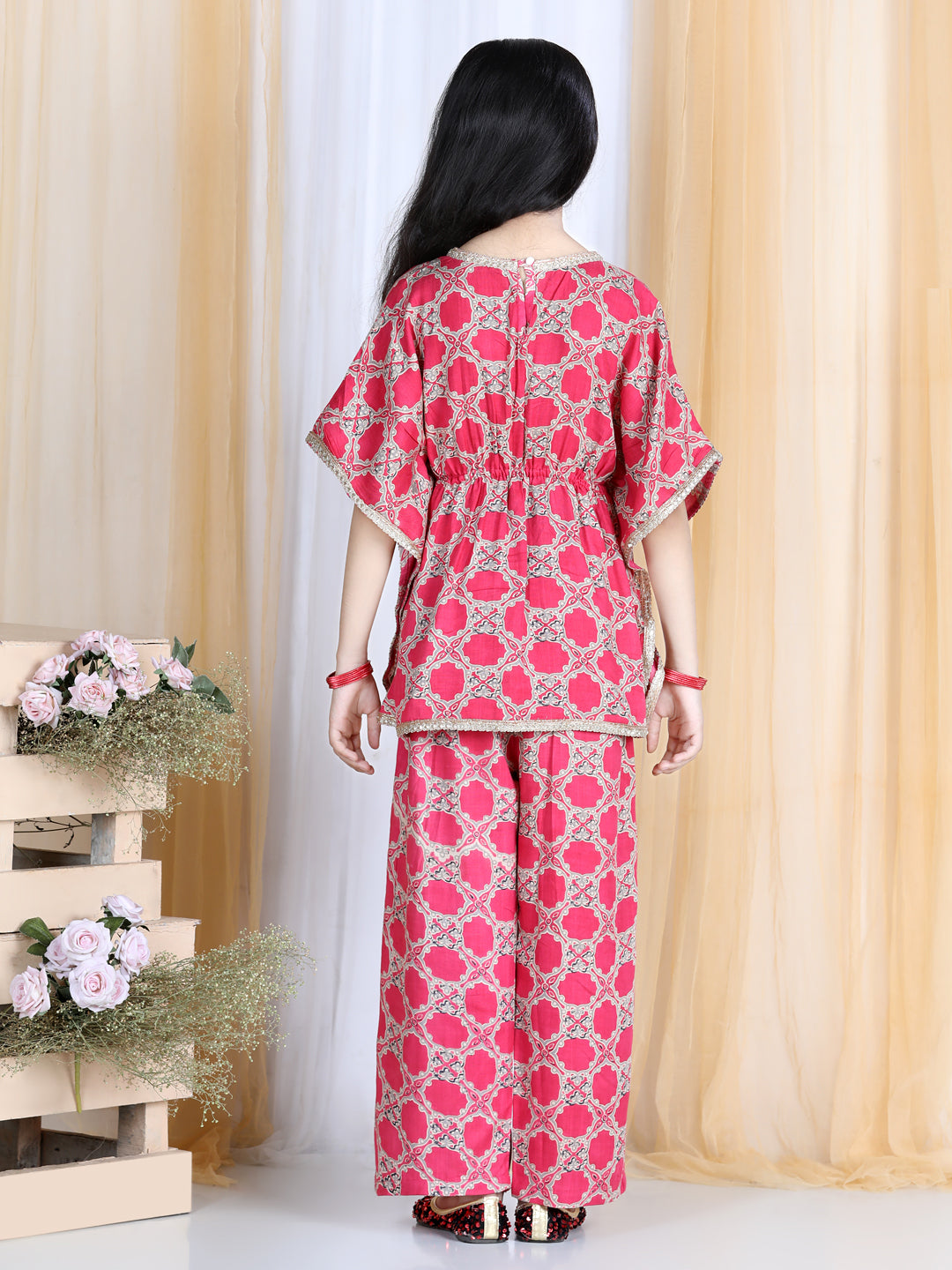 Cutiekins Tribal Printed Kaaftaan Kurta & Palazzo Set- Pink & Golden