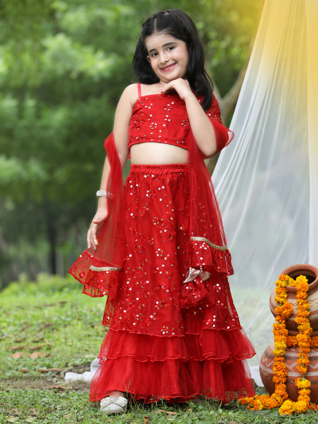 Cutikeins Girls Red Sequence Net Ready to Wear Lehenga & Blouse With Dupatta