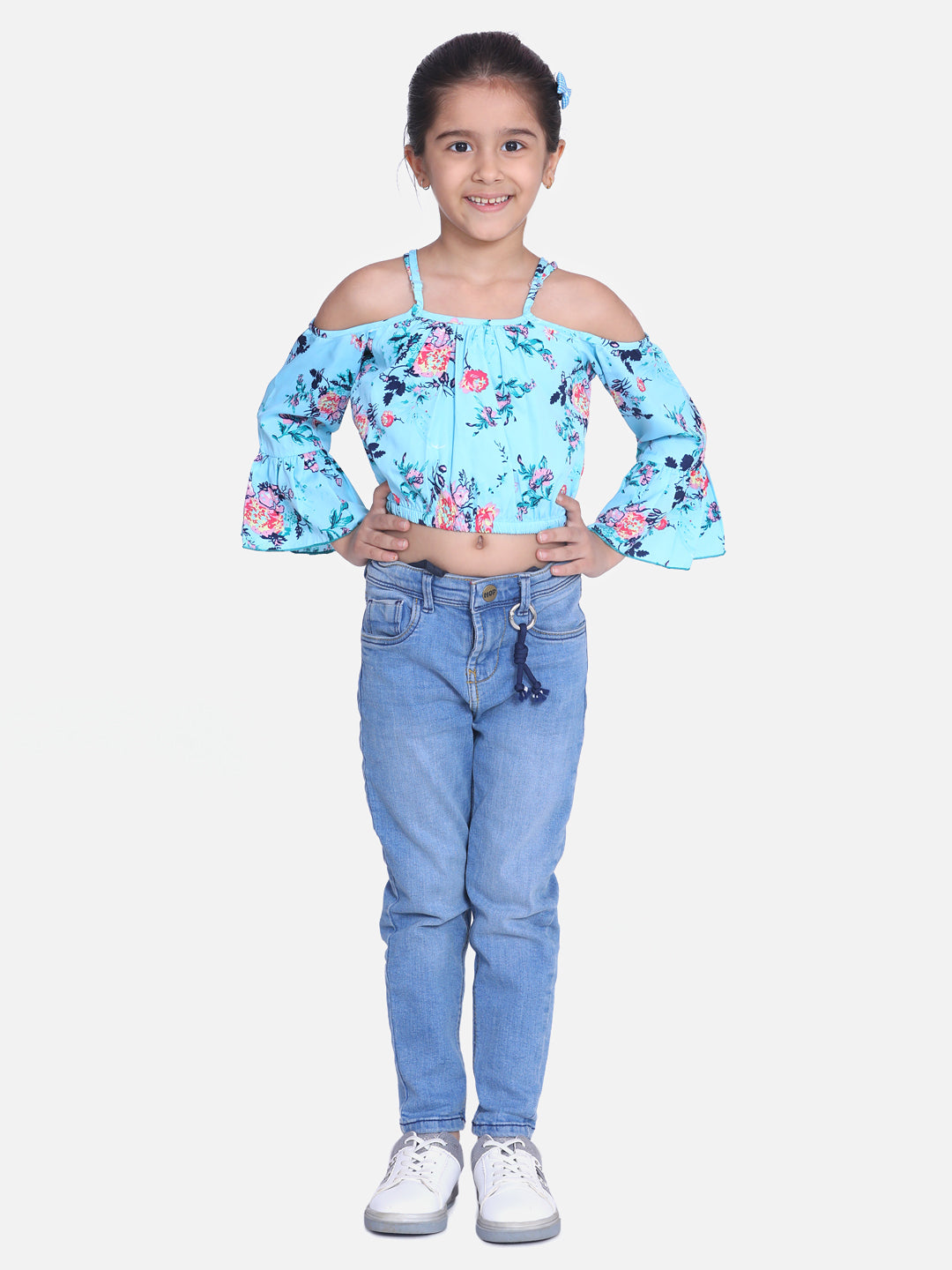 Girls Sky Blue Floral Printed Bell Sleeves Cold Shoulder Sleeves Crop Top