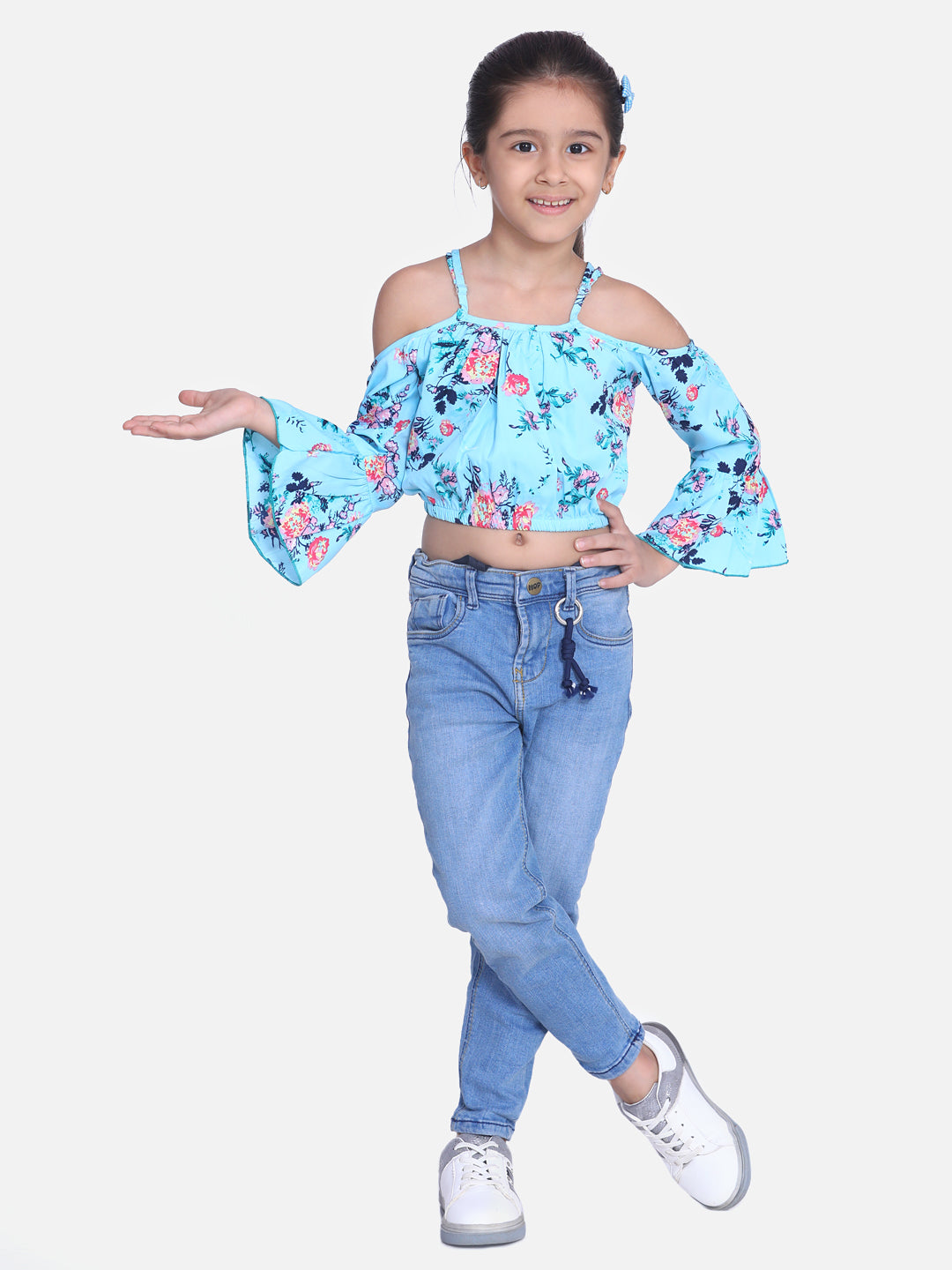 Girls Sky Blue Floral Printed Bell Sleeves Cold Shoulder Sleeves Crop Top
