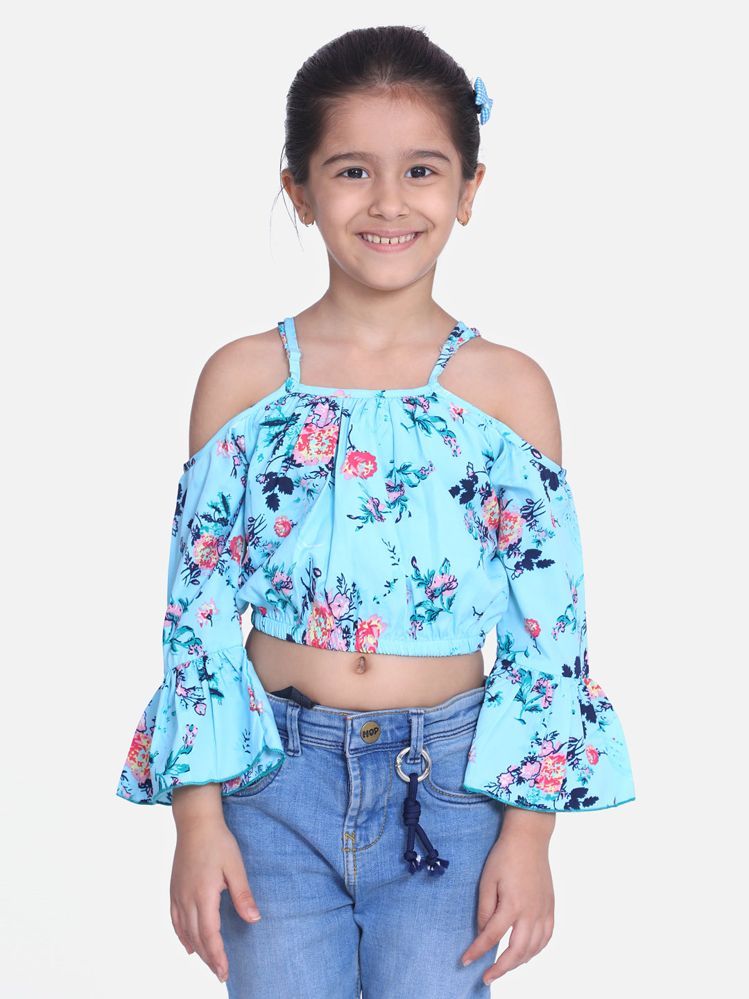 Girls Sky Blue Floral Printed Bell Sleeves Cold Shoulder Sleeves Crop Top