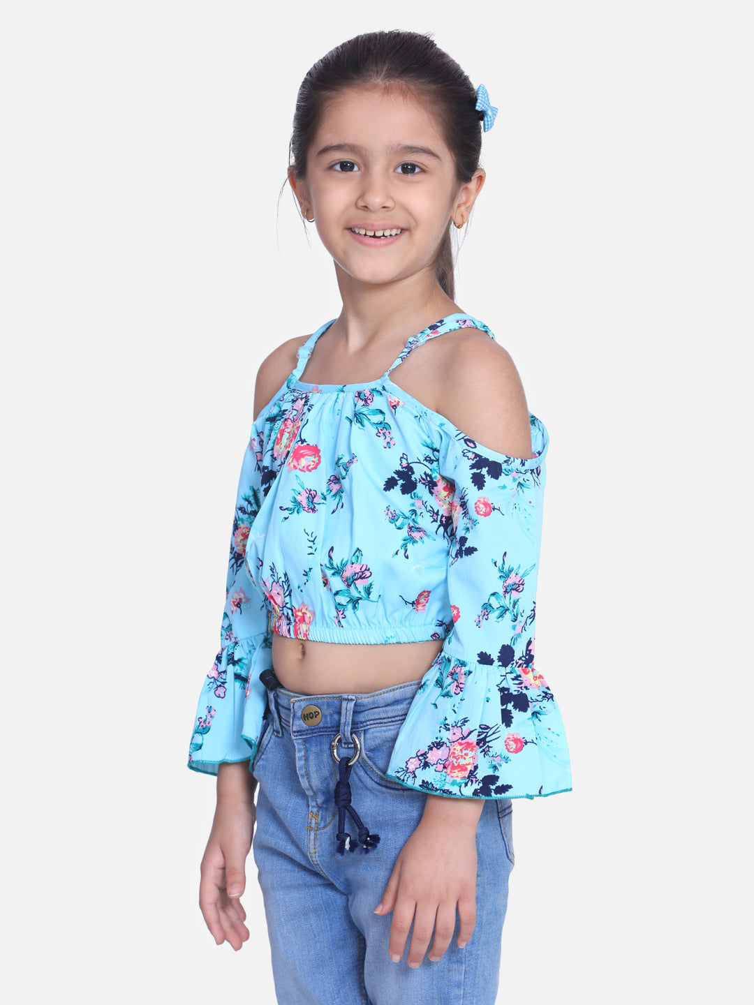 Girls Sky Blue Floral Printed Bell Sleeves Cold Shoulder Sleeves Crop Top