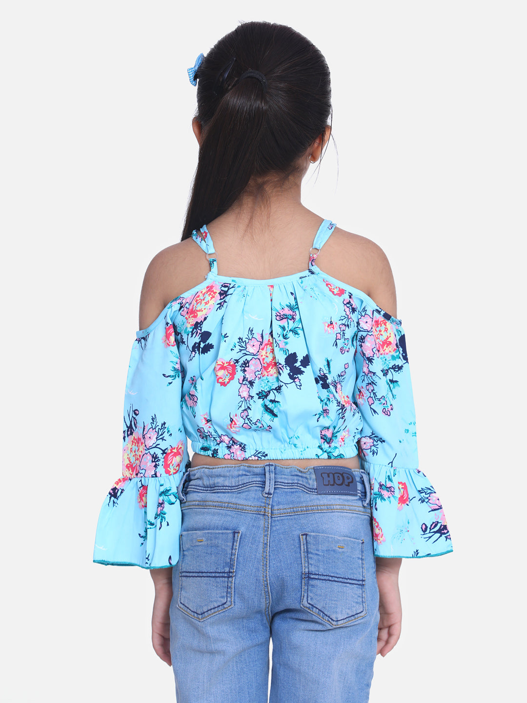 Girls Sky Blue Floral Printed Bell Sleeves Cold Shoulder Sleeves Crop Top