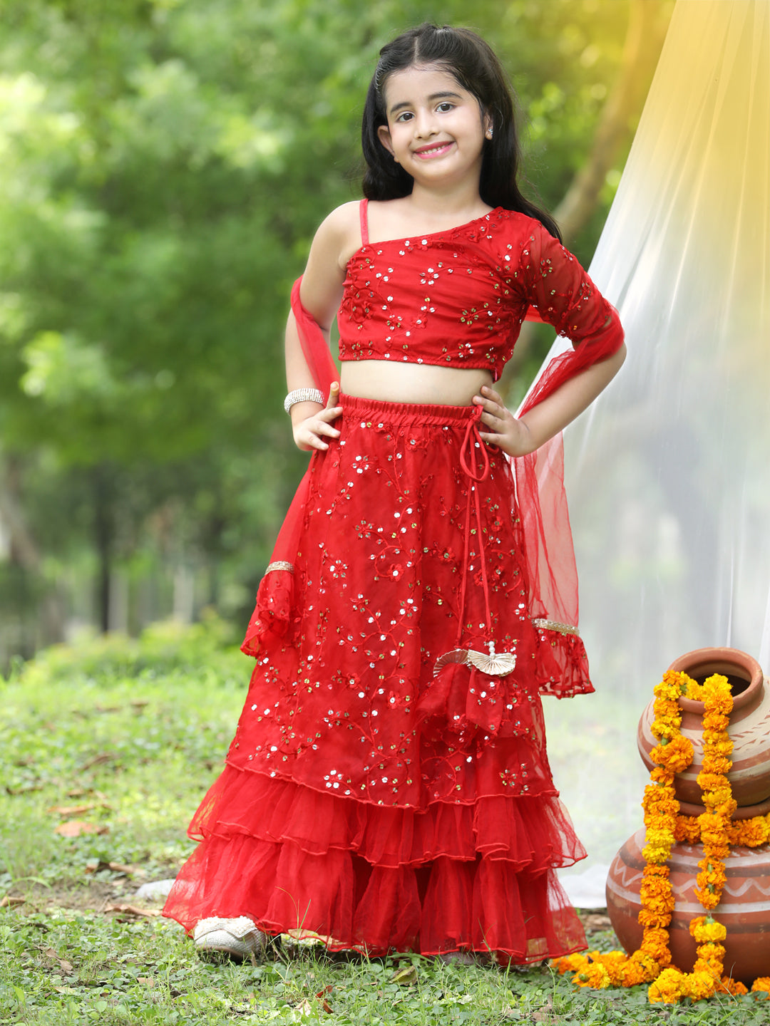 Cutikeins Girls Red Sequence Net Ready to Wear Lehenga & Blouse With Dupatta