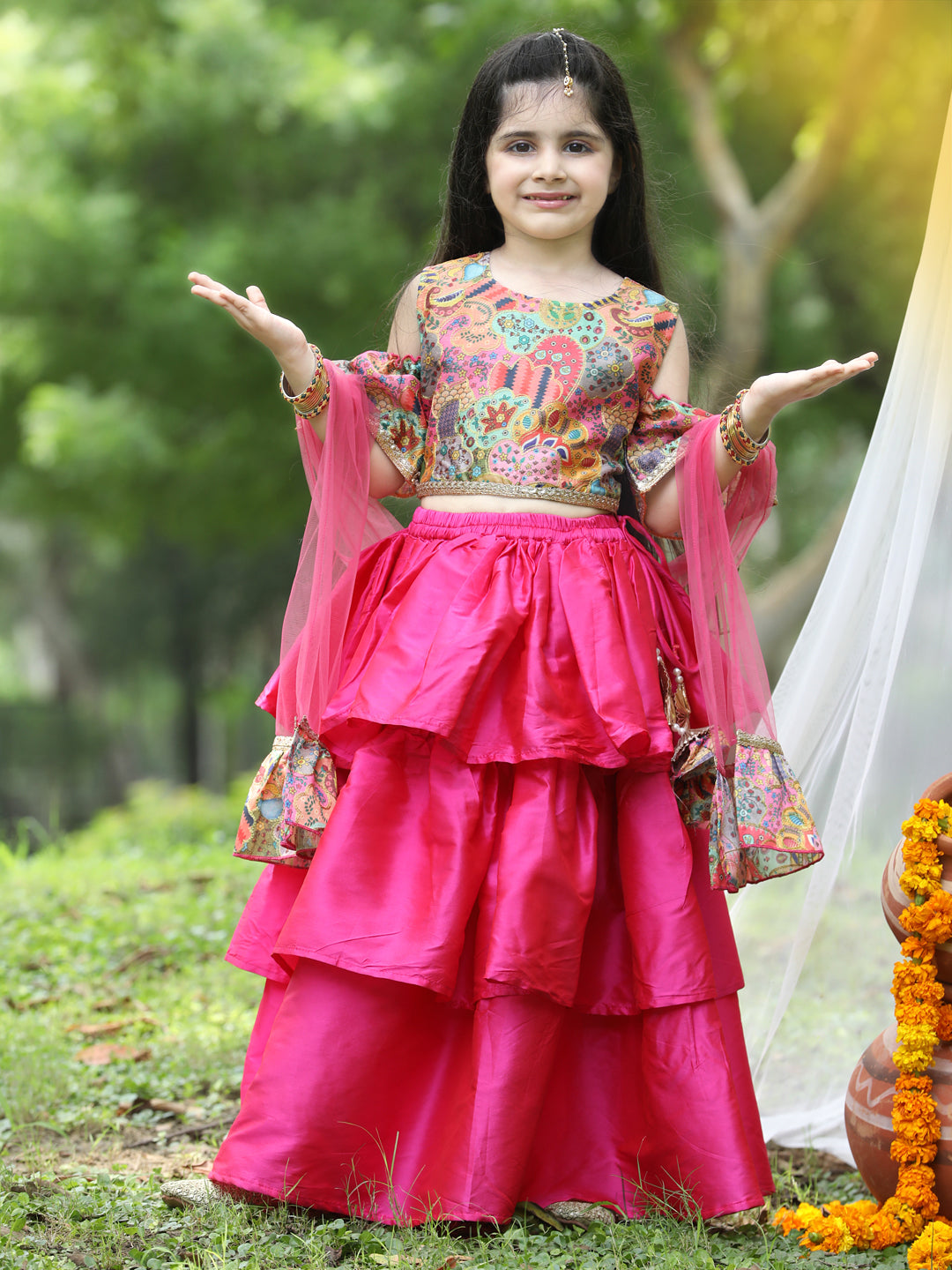 Cutiekins Girls Multicolour Cold Shoulder Blouse Hot Pink Ready to Wear  Lehenga With Dupatta