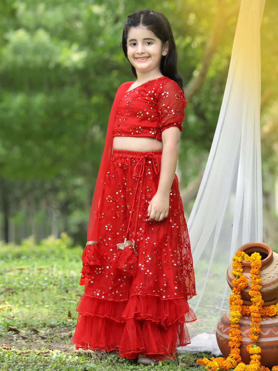 Cutikeins Girls Red Sequence Net Ready to Wear Lehenga & Blouse With Dupatta