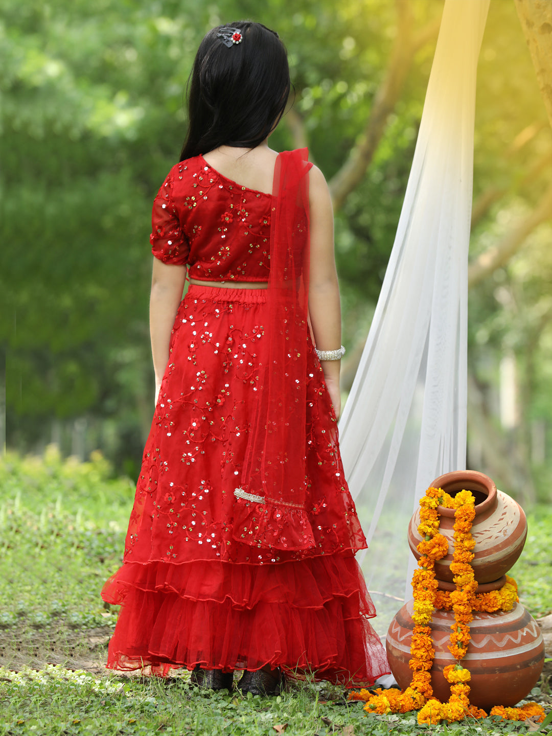 Cutikeins Girls Red Sequence Net Ready to Wear Lehenga & Blouse With Dupatta
