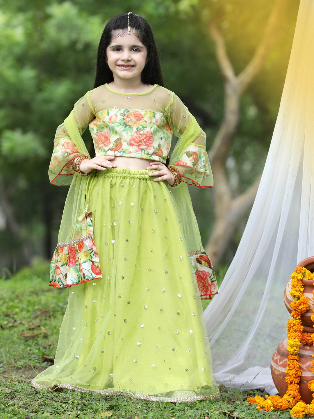 Cutiekins Girls Cream Bell Sleeves Blouse & Lemon Yellow Ready to Wear Lehenga With Dupatta
