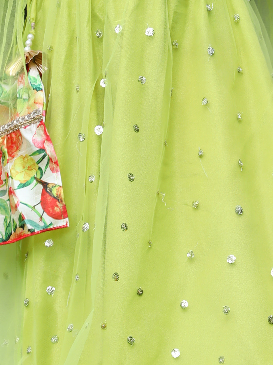 Cutiekins Girls Cream Bell Sleeves Blouse & Lemon Yellow Ready to Wear Lehenga With Dupatta