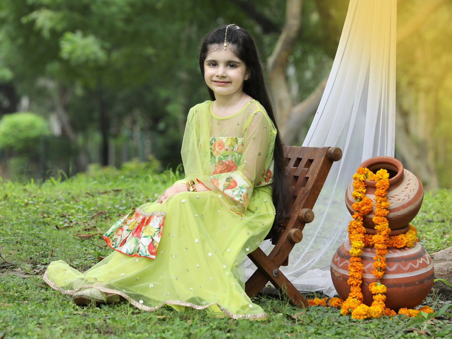 Cutiekins Girls Cream Bell Sleeves Blouse & Lemon Yellow Ready to Wear Lehenga With Dupatta