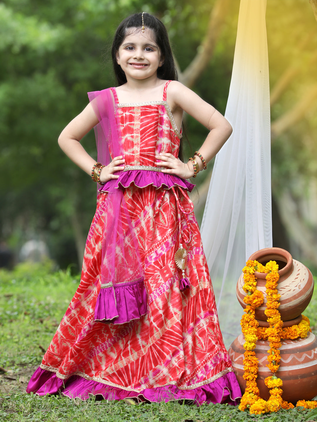 Cutiekins Multicolour Printed Shoulder Strap Blouse & Ready to Wear Lehenga With Dupatta
