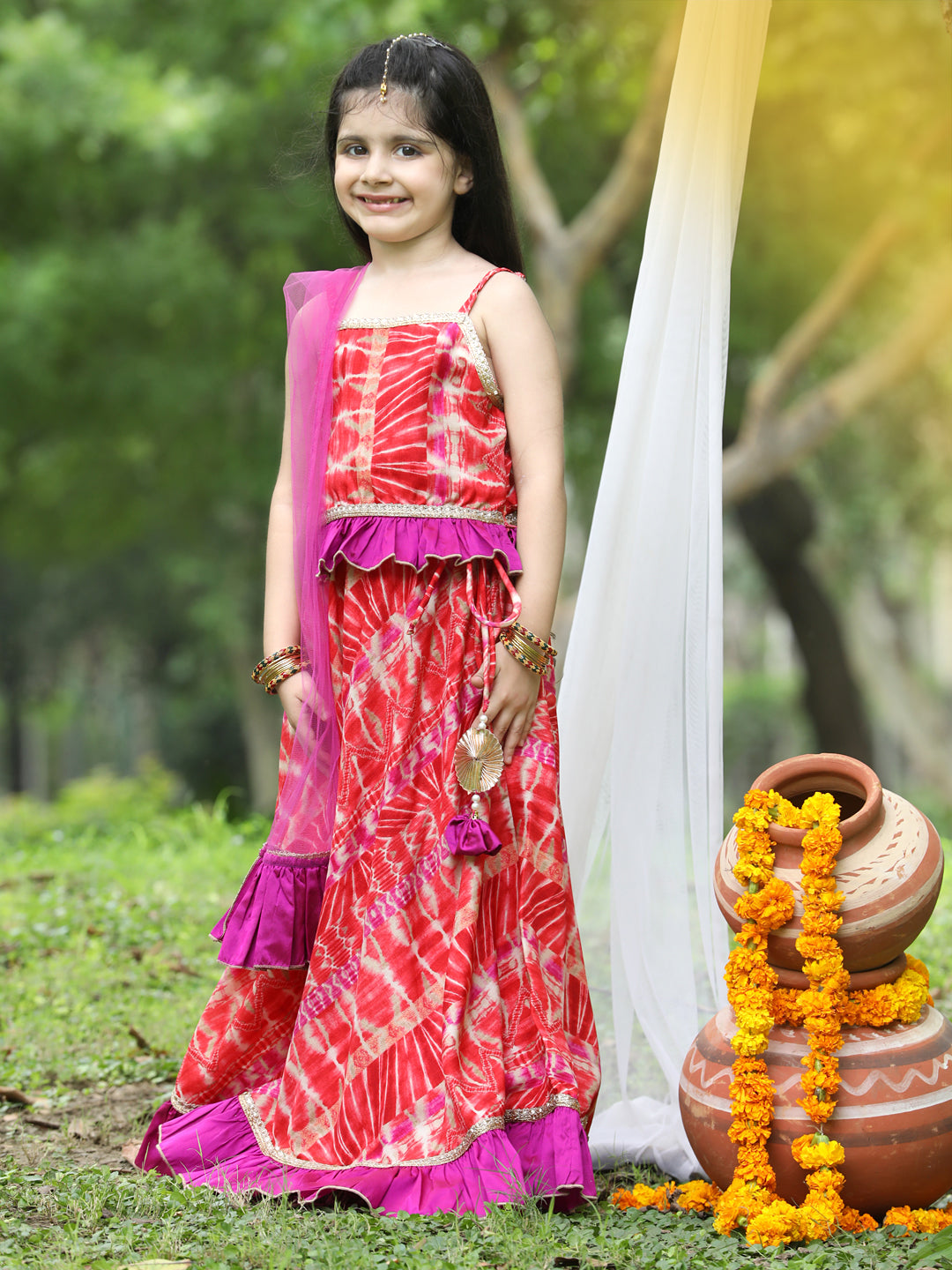 Cutiekins Multicolour Printed Shoulder Strap Blouse & Ready to Wear Lehenga With Dupatta