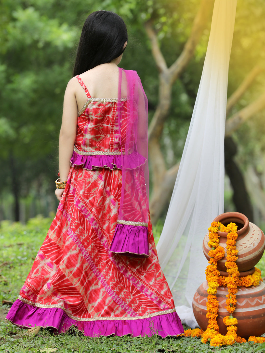 Cutiekins Multicolour Printed Shoulder Strap Blouse & Ready to Wear Lehenga With Dupatta