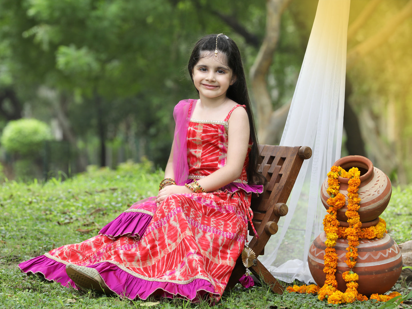 Cutiekins Multicolour Printed Shoulder Strap Blouse & Ready to Wear Lehenga With Dupatta