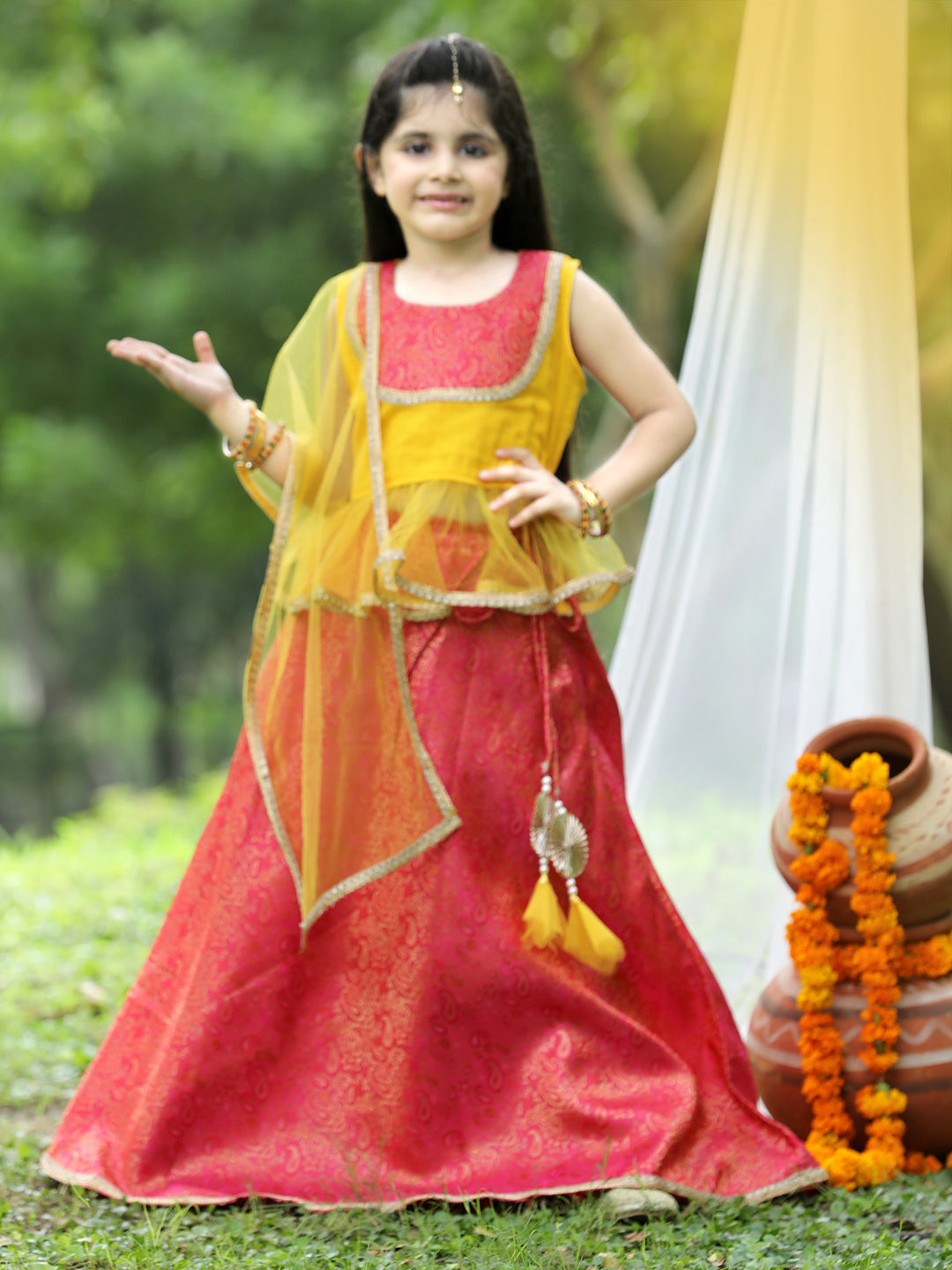 Cutiekins Yellow & Red Printed Ready to Wear Lehenga & Blouse with Dupatta